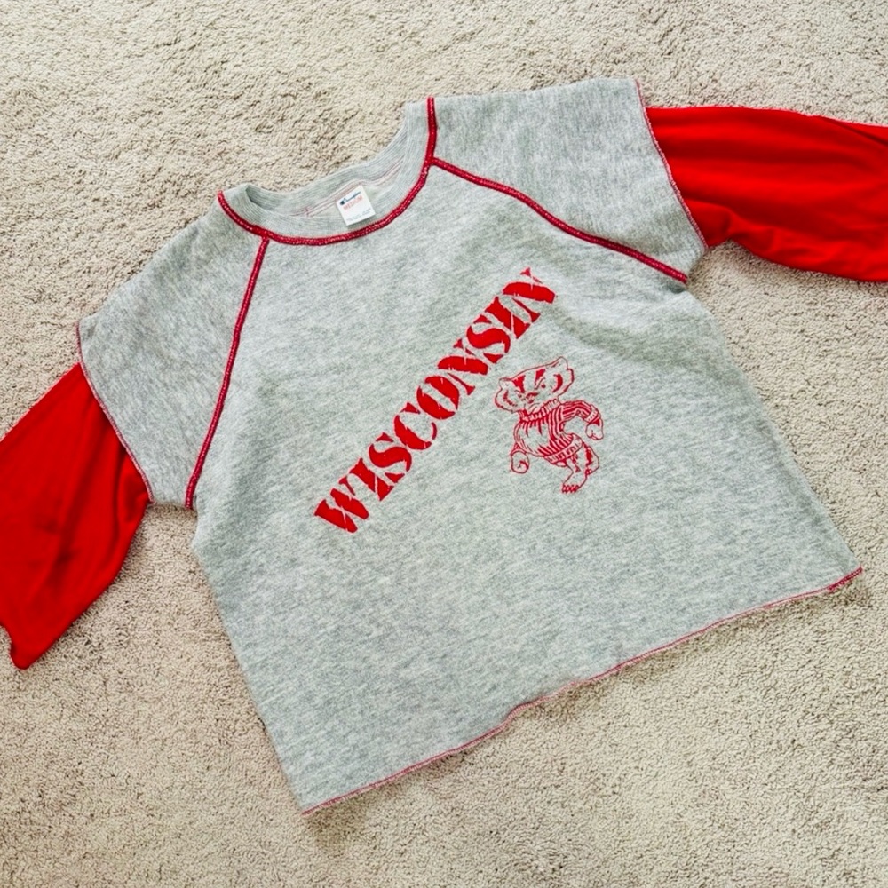 Vtg 80s 90s Champion Wisconsin Badgers Crop Cut Off Shirt Top Sweatshirt Tee